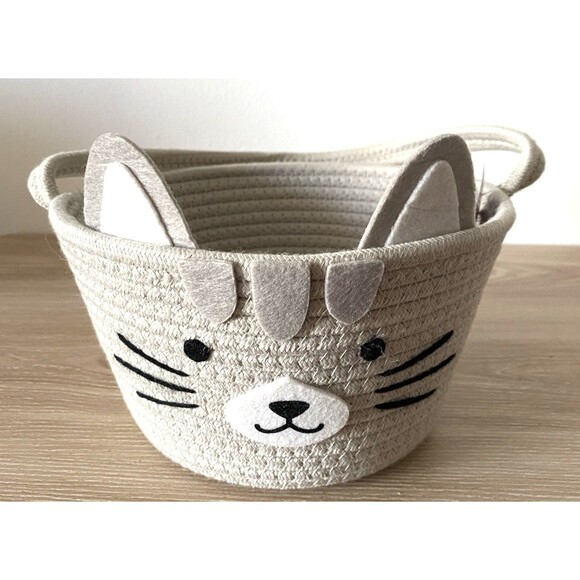 Spritz Cat Rope Easter Basket Gray Cute Kitty Face - Picture 1 of 5